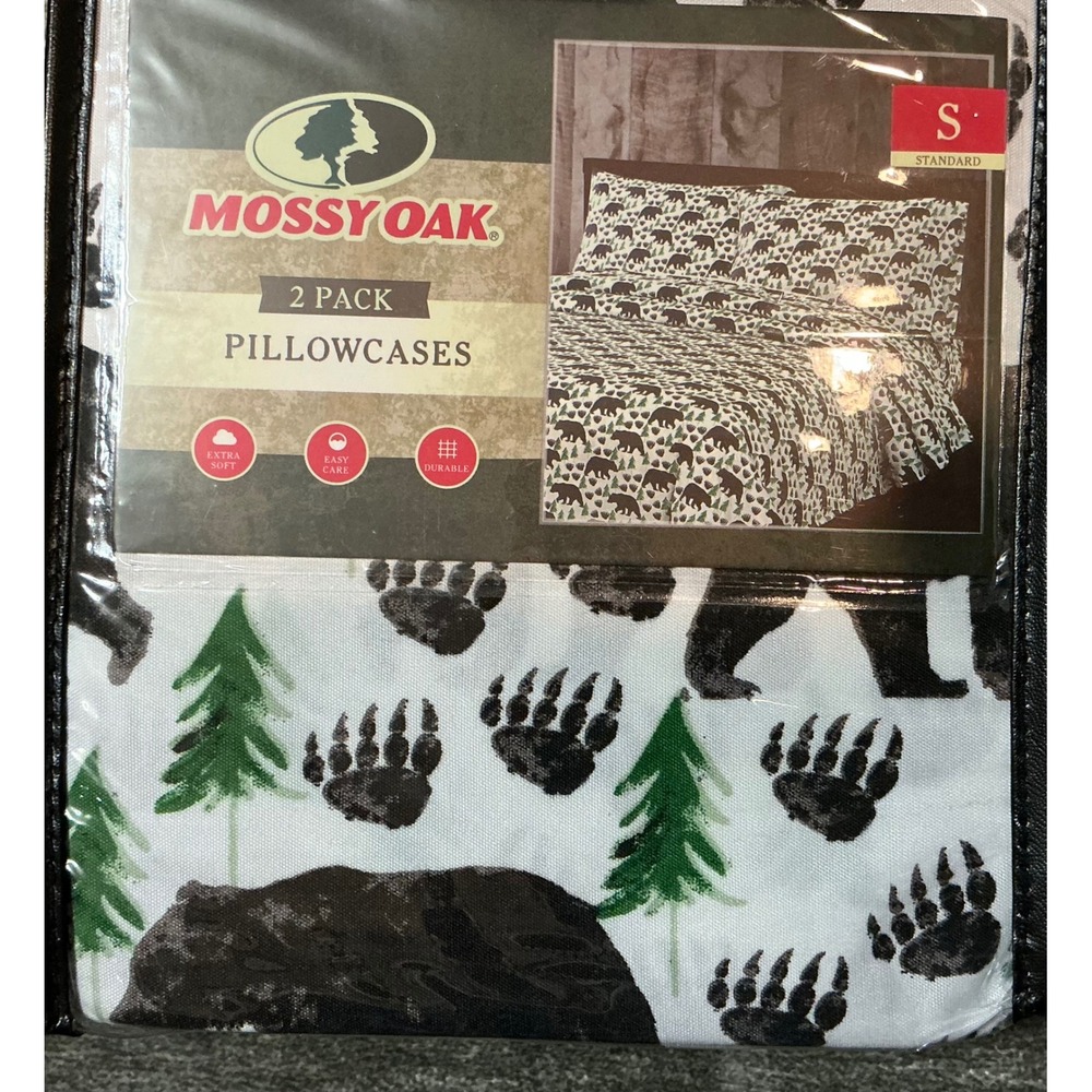 Mossy Oak 2 Pack Pillowcases Standard Size Black Bear Cabin Lodge Print New